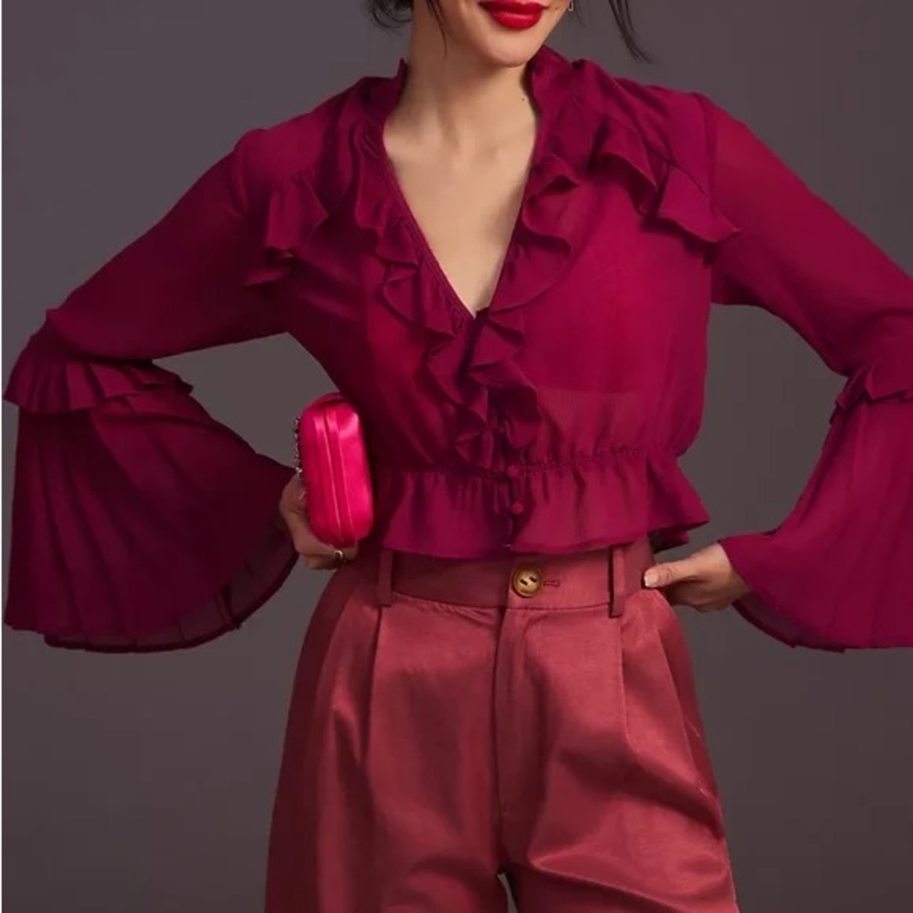Anthropologie Purple Top Blouse Ruffle V-Neck Bell Sleeves